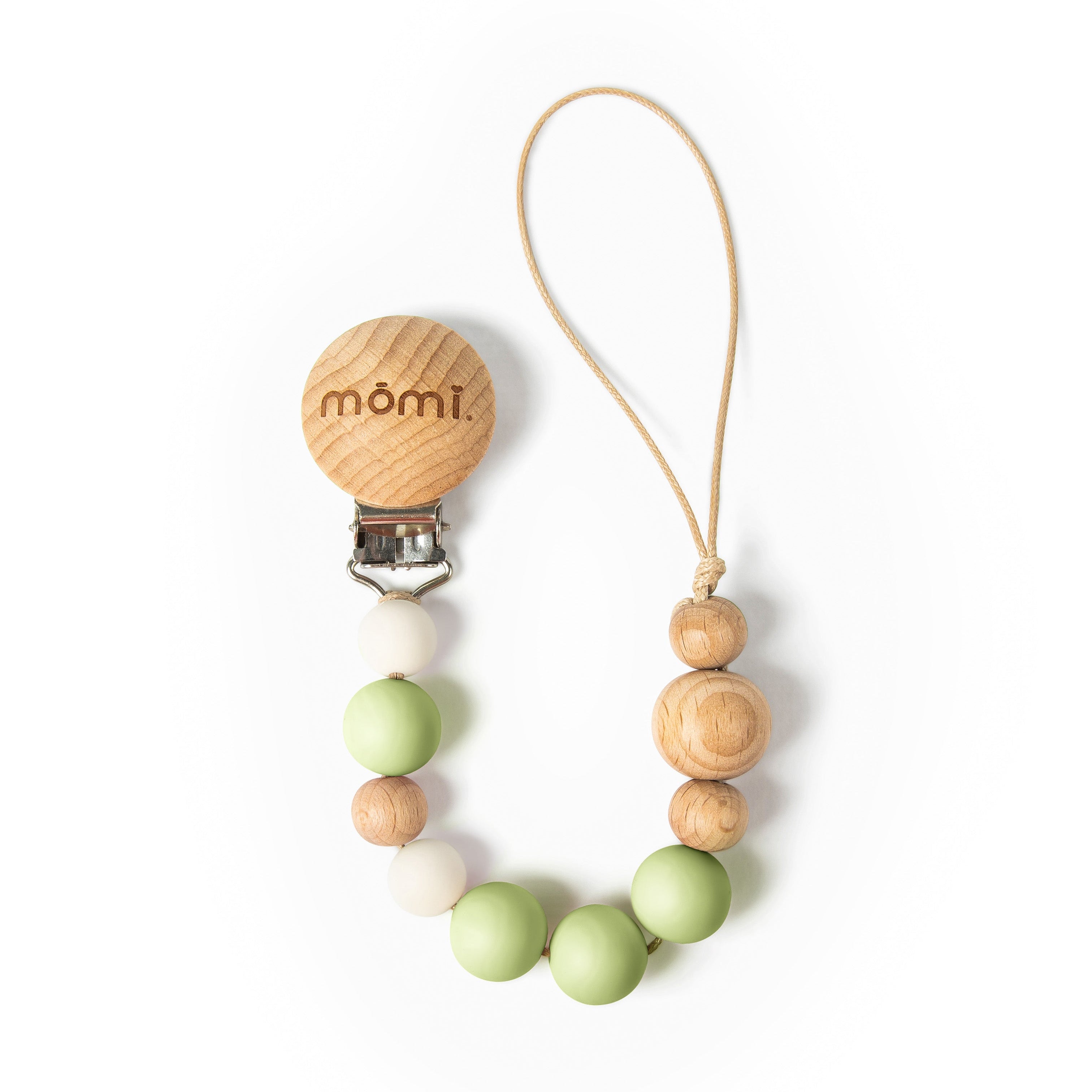 mōmi mistletoe pacifier clip pale green and white