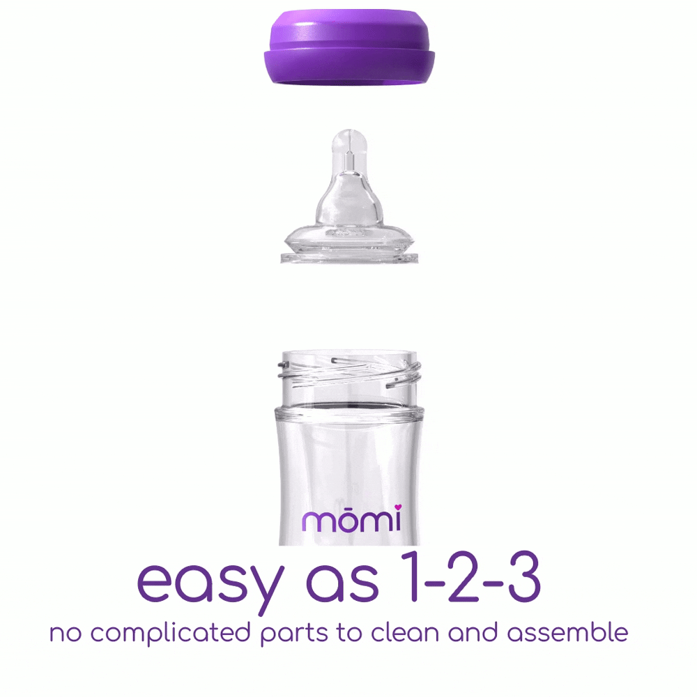 mōmi bottles assemble easily with only three parts: collar, nipple, and bottle base.